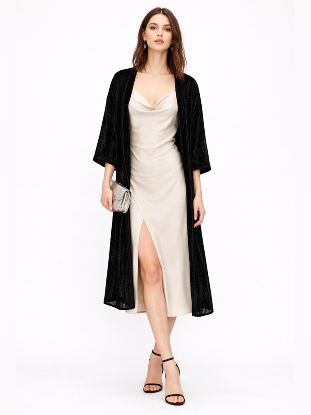 Mango Velvet Metallic Maxi Kimono Kaftan Black Open Front Duster NWT One Size